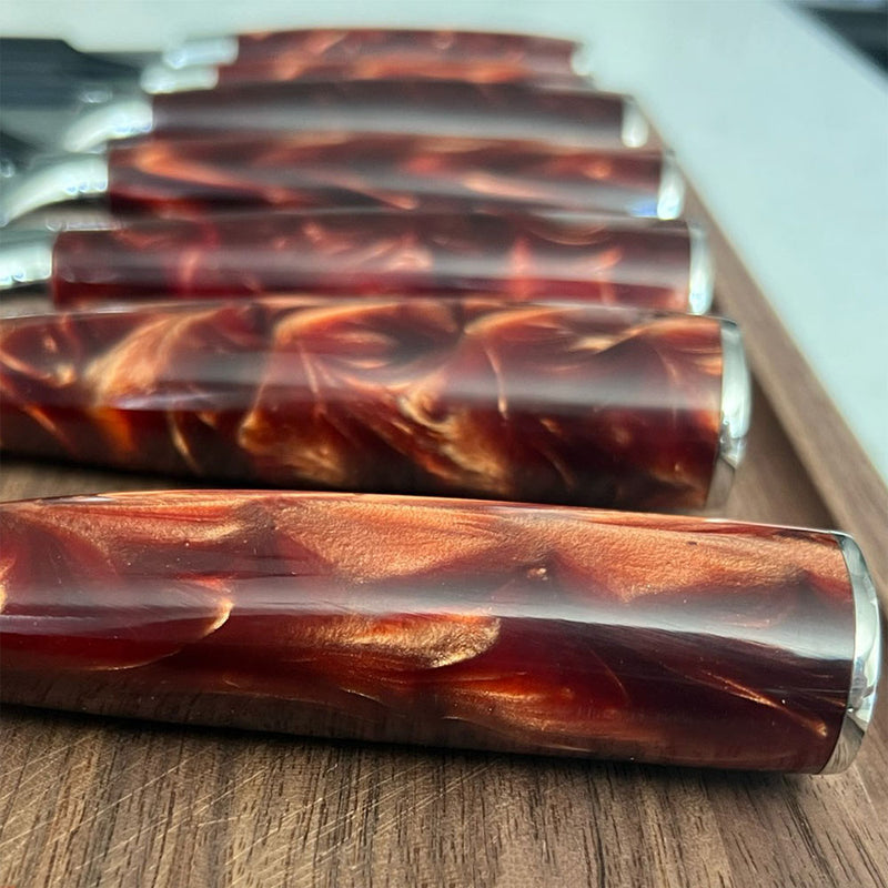 Crimson Red Steak Knife Set With Engraved Damascus Pattern 
