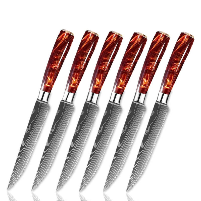Senken Knives Crimson Red Steak Knives Damascus Pattern Wooden Handle