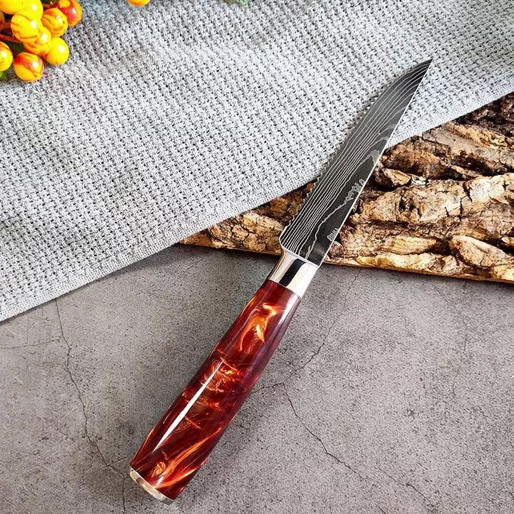Red Handle Steak Knife Damascus Pattern