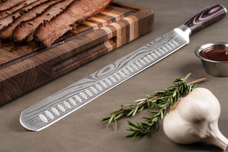 Brisket Knife with Damascus Pattern Blade Closeup