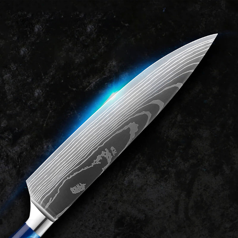 Blue Resin Handle Knife Set Razor Sharp Blade with Damascus Pattern