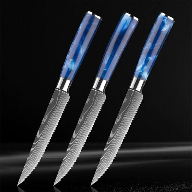 3-Piece Blue Resin Steak Knife Set with Damascus Pattern