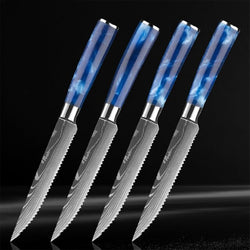 4-Piece Blue Resin Steak Knife Set with Damascus Pattern