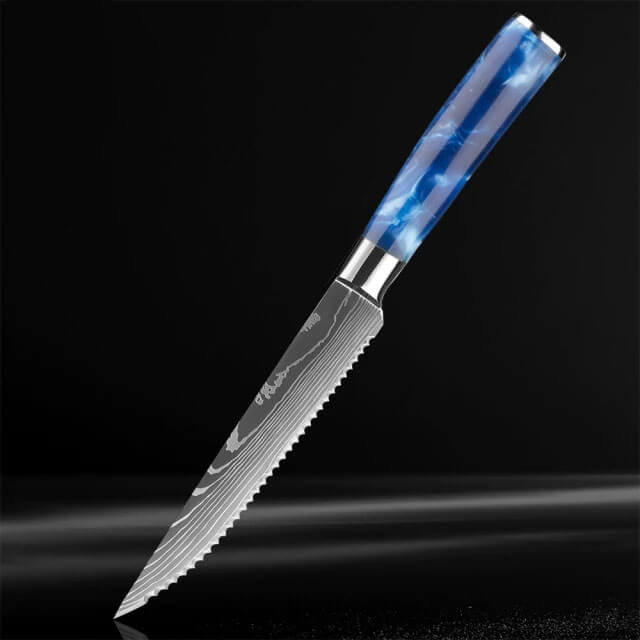 Blue Resin Steak Knife with Damascus Pattern