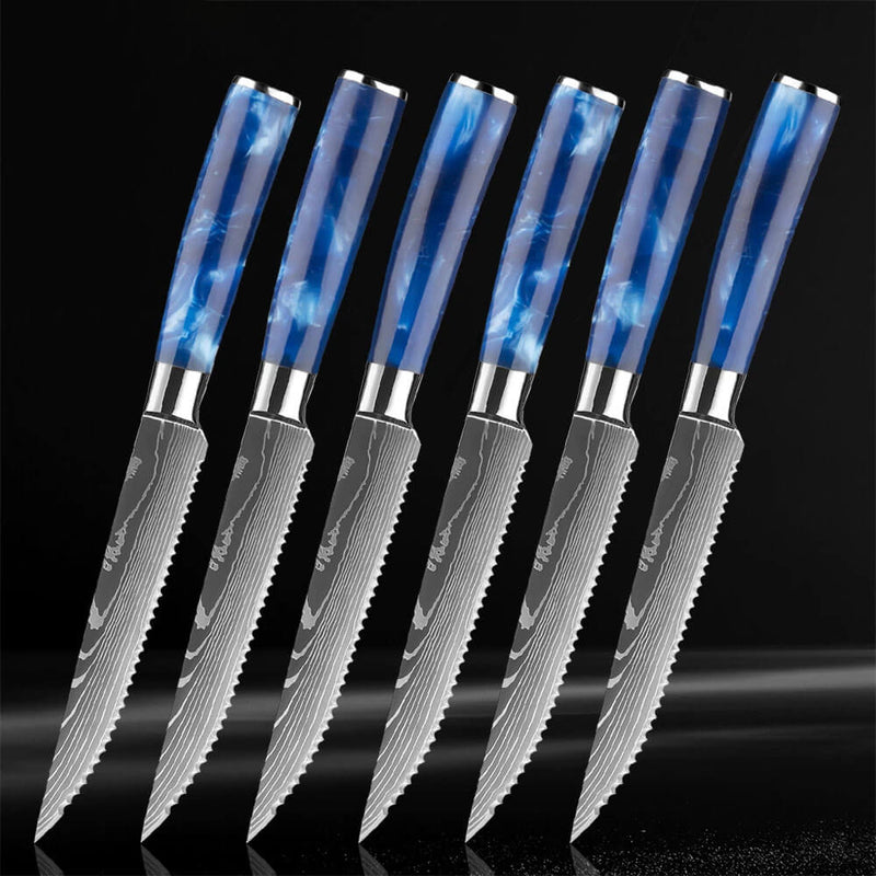 6-Piece Blue Resin Steak Knife Set with Damascus Pattern
