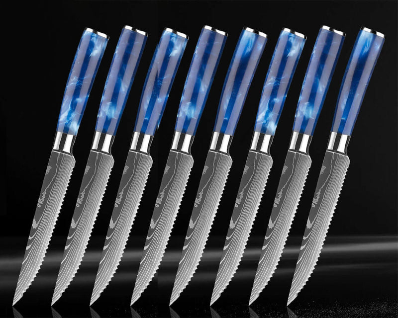 8-Piece Blue Resin Steak Knife Set with Damascus Pattern