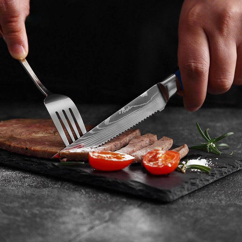 Cerulean Blue Steak Knife Cutting Steak Close Up