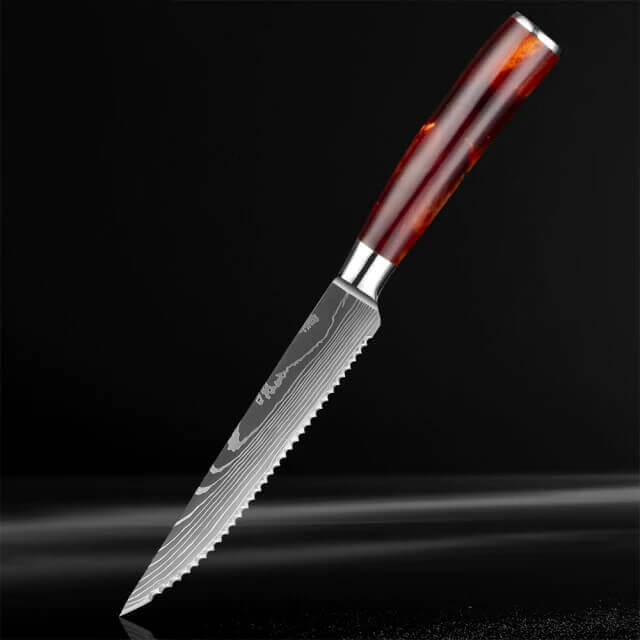 Imperial Ruby Steak Knife Set with Damascus Pattern and Resin Handle 1-piece