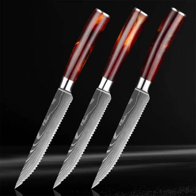 Imperial Ruby Steak Knife Set with Damascus Pattern and Resin Handle 3-piece
