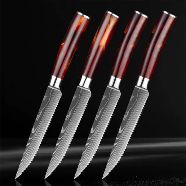 Imperial Ruby Steak Knife Set with Damascus Pattern and Resin Handle 4-piece