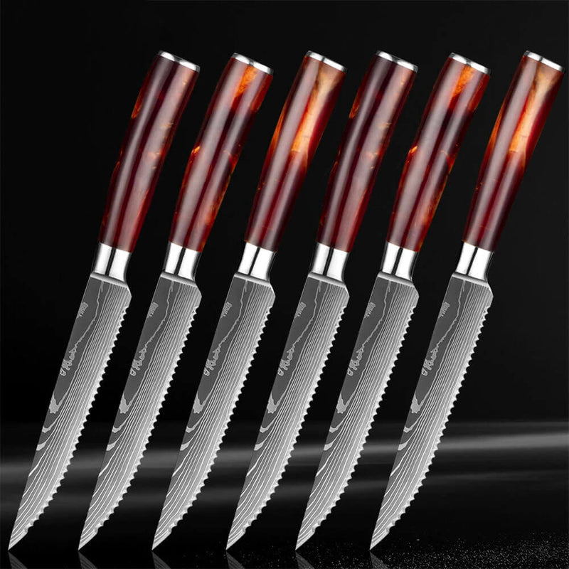 Imperial Crimson Steak Knife Set - High Carbon Steel & Damascus