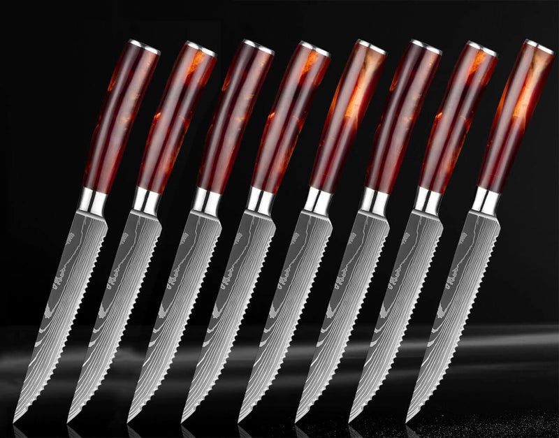 Imperial Ruby Steak Knife Set with Damascus Pattern and Resin Handle 8-piece