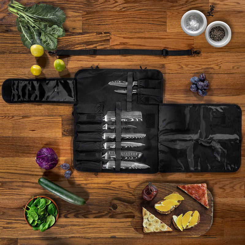Chef Knife Roll Bag Shoulder Handle Senken Knives Internal View With Damascus Knives Folded Lifestyle Kitchen