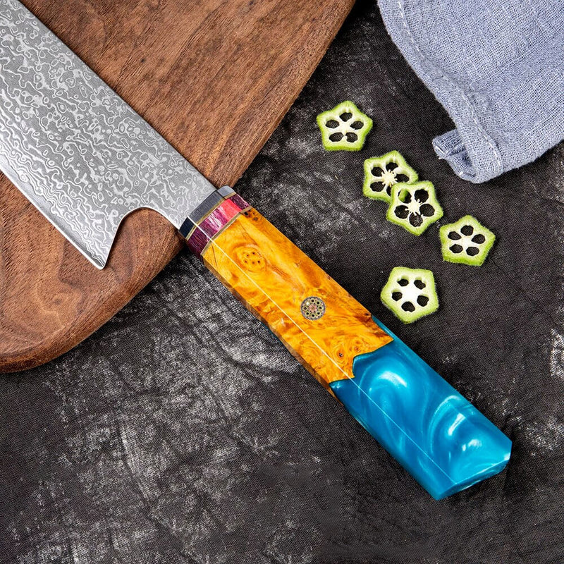 Raikiri Blue Azure Handle Close Up Damascus Kiritsuke Knife Sharp