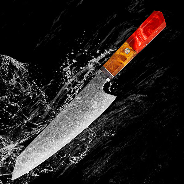 Raikiri Ruby Red Kiritsuke Knife Damascus Steel Splash