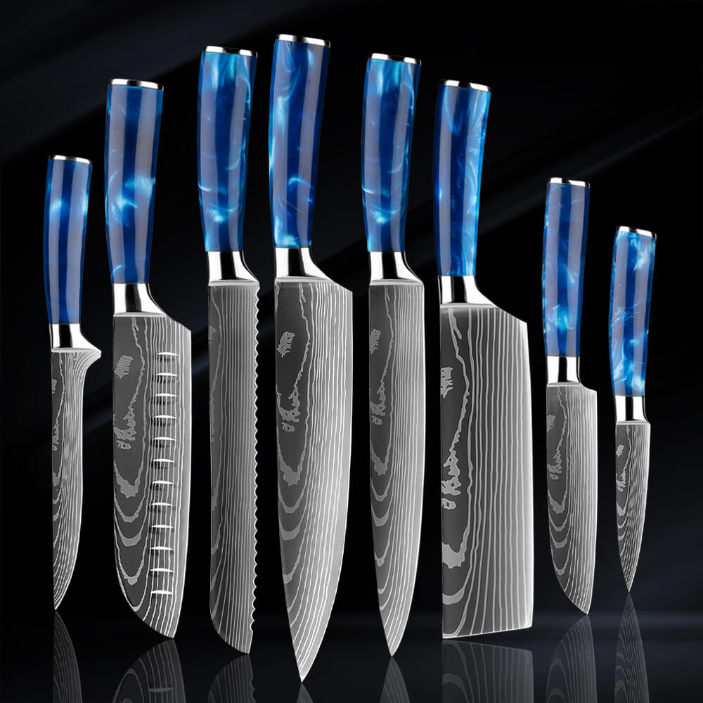 Cerulean Collection - Japanese Kitchen Knife Set with Blue Resin Handle &  Damascus Blade Pattern