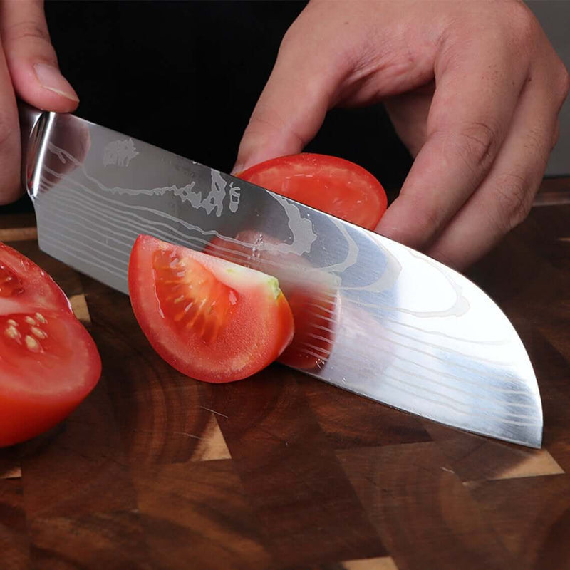 Cerulean Blue Damascus Pattern Santoku Chef Knife Vegetable