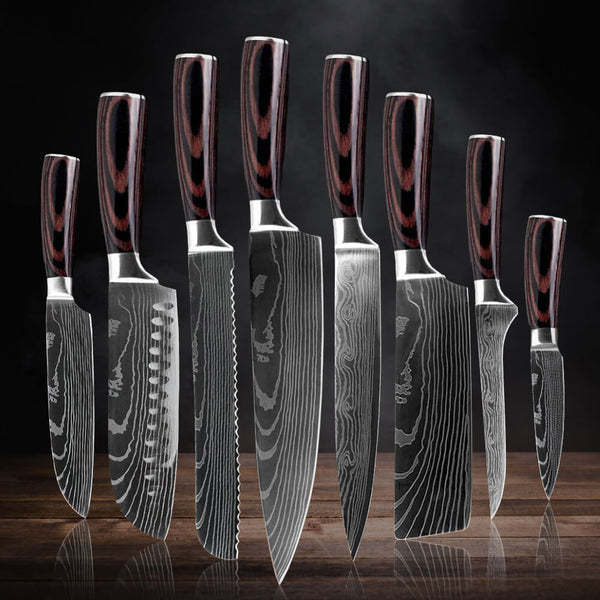 8-Piece Kitchen Knife Set with Damascus Pattern from Senken Knives Imperial Collection