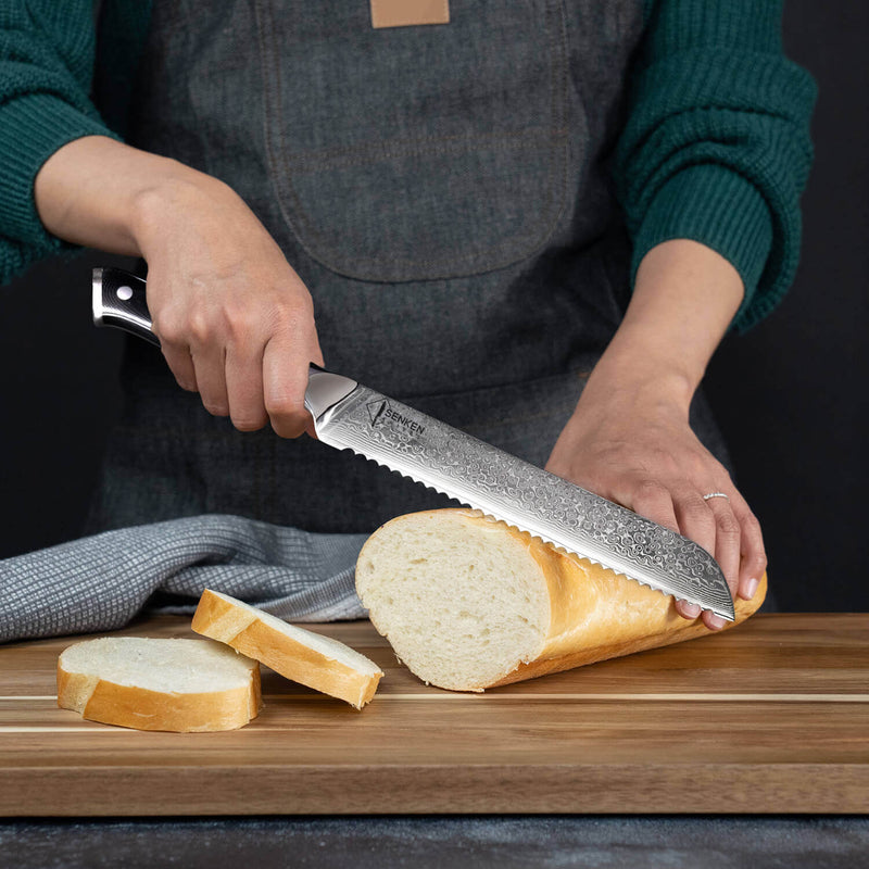 Shogun Damascus Bread Knife Senken Knives Cutting Baguette Loaf of Bread