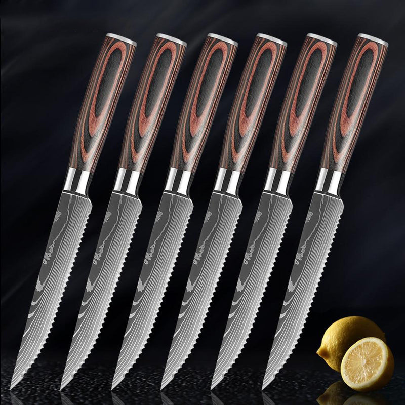 Senken Knives Imperial Knife Block Set Steak Knives Damascus Pattern Wooden Handle