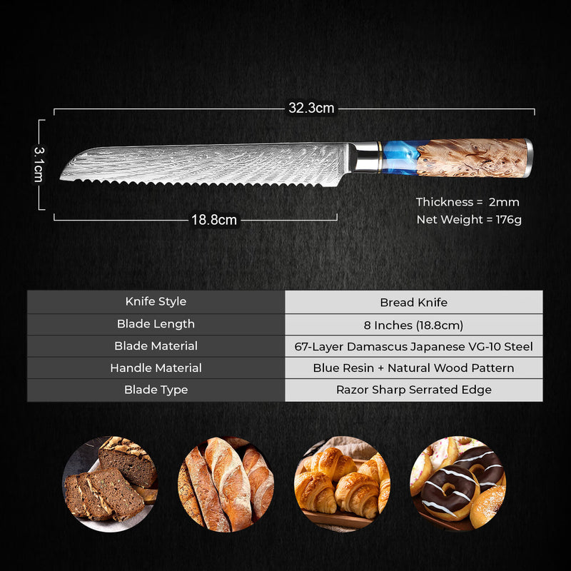 Tsunami Damascus Bread Knife Cutting measurements and info