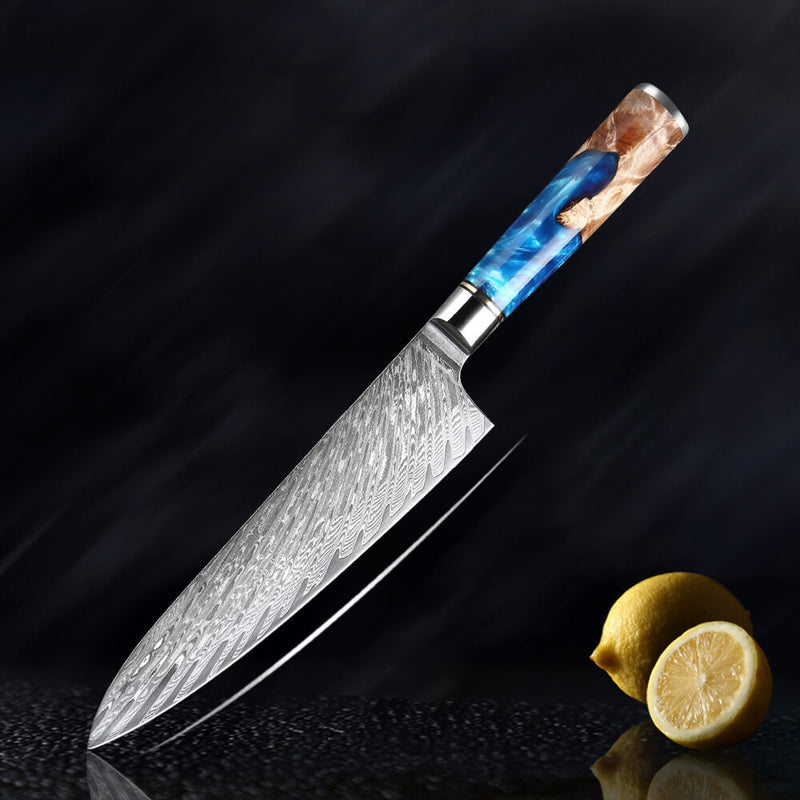 Tsunami Damascus Steel Chef Knife 8 Inch Japanese Steel Natural Wood Blue Resin Handle