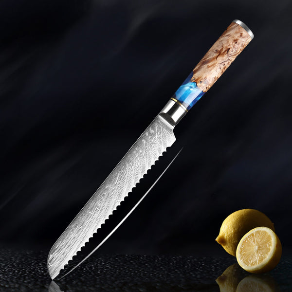 Tsunami Damascus Steel Bread Knife Blue Resin Wood Handle 