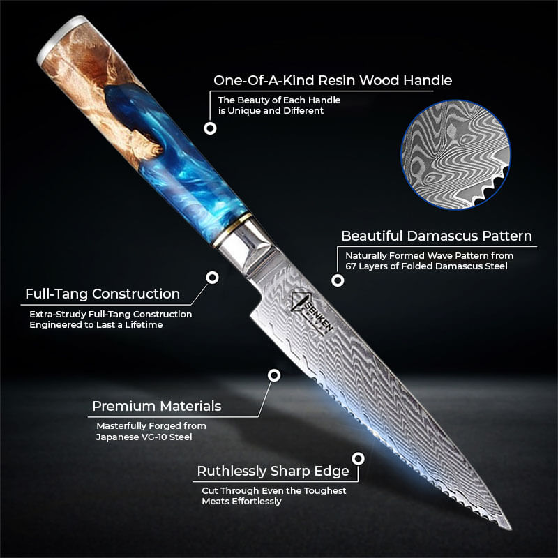 Tsunami Steak Knife Damascus Japanese VG10 Steel Blue Resin Handle Specs