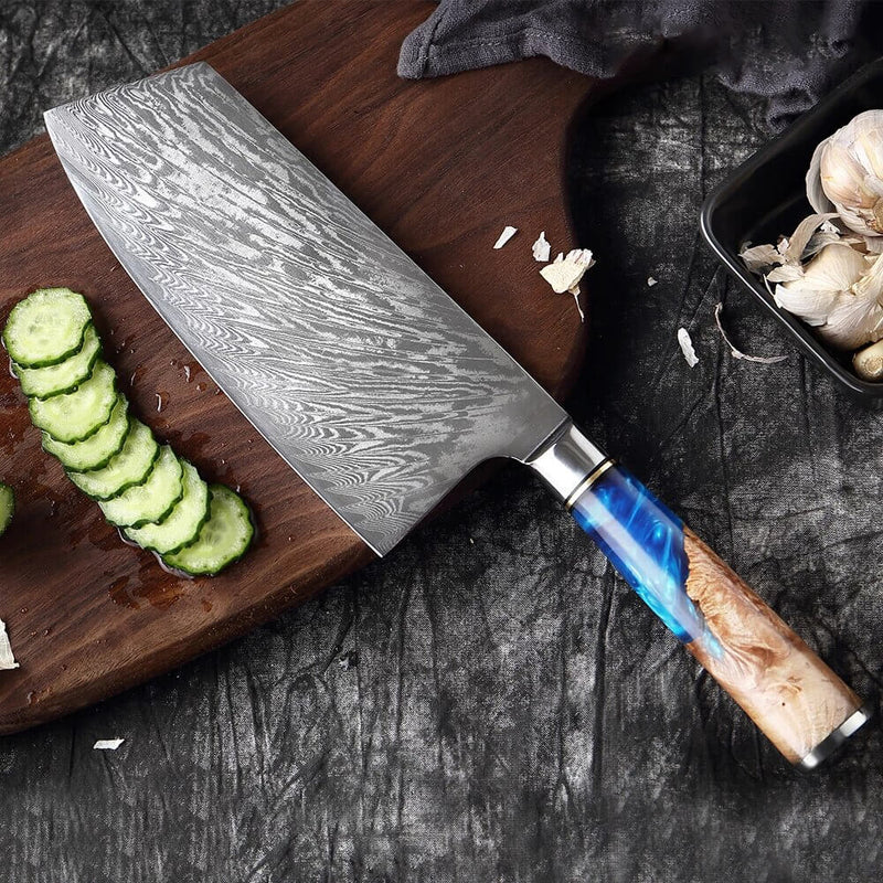 Senken Knives Tsunami Damascus Steel Cleaver Nakiri Knife Showcase Vegetable Cutting