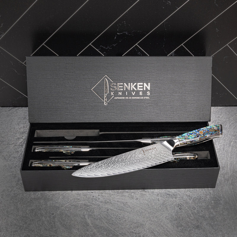 Senken Knives Damascus Abalone Shell Handle 5 Piece Umi Knife Collection Luxury Gift Box