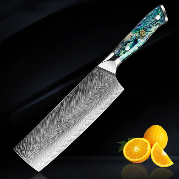 Umi Damascus Steel Japanese Cleaver Abalone Shell Handle