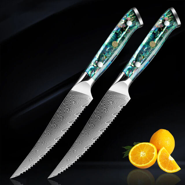 Umi 2-Piece Steak Knife Set Damascus Steel Abalone Shell Green Blue Handle