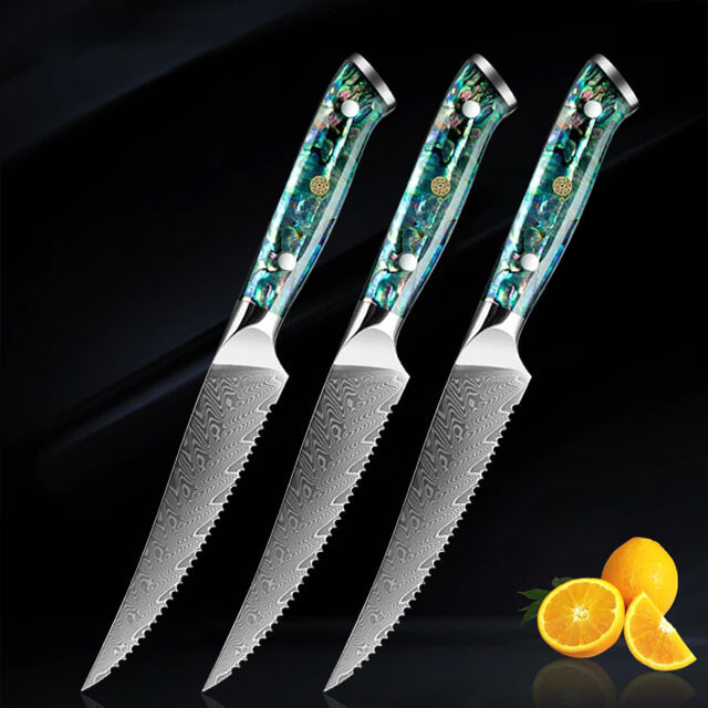 Umi 3-Piece Steak Knife Set Damascus Steel Abalone Shell Green Blue Handle