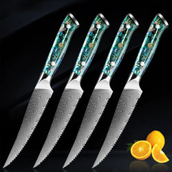 Umi 4-Piece Steak Knife Set Damascus Steel Abalone Shell Green Blue Handle