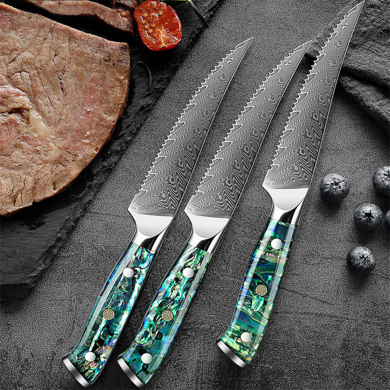 【Damascus Cutlery】6 Piece 5 Damascus Steel Steak Knives Non-Serrated Blade