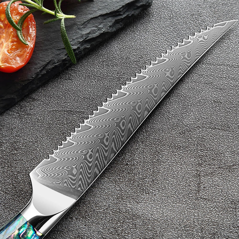 Umi Steak Knife Set Stunning Abalone Shell Handles Blade Close Up Damascus