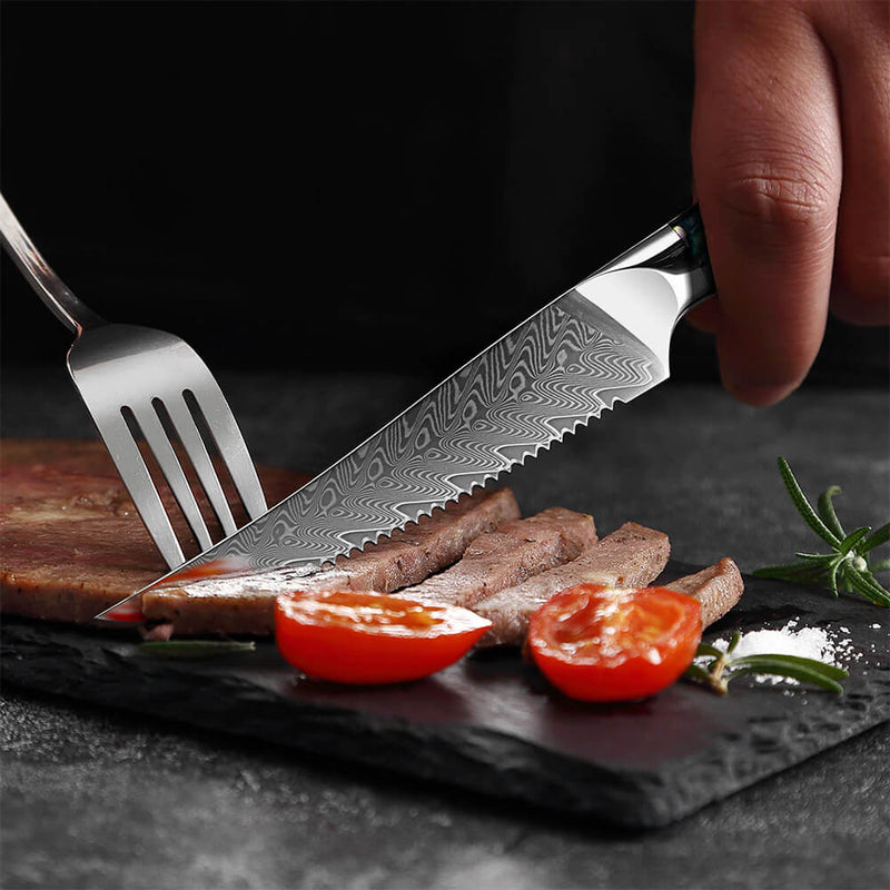 Umi Steak Knife Set Stunning Abalone Shell Handles Info Cutting Into Steak