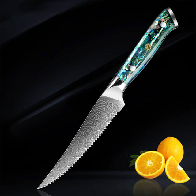 Umi Steak Knife Set Damascus Steel Abalone Shell Green Blue Handle