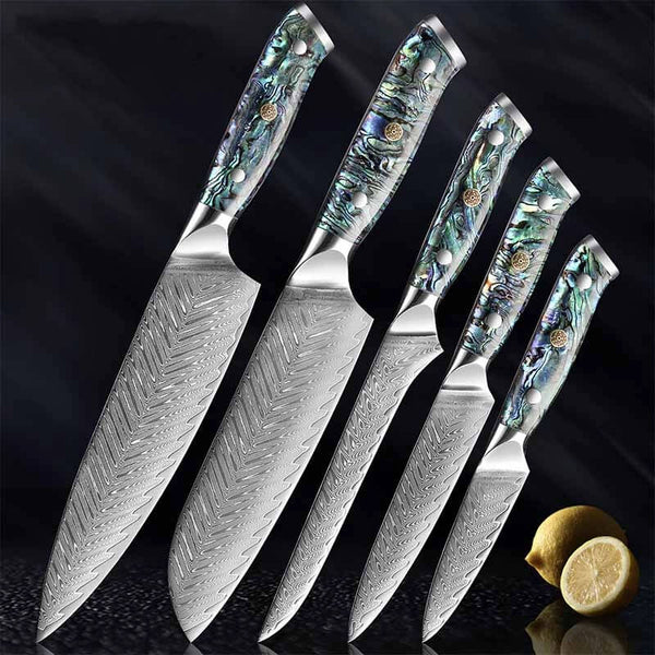 Umi Japanese Damascus Steel 5 Piece Knife Collection with Abalone Shell Handle