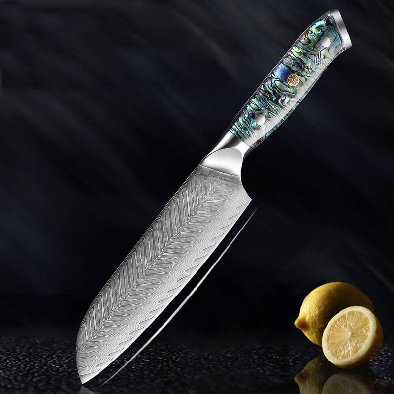 Umi Japanese Damascus Steel 7 Inch Santoku Knife with Abalone Shell Handle