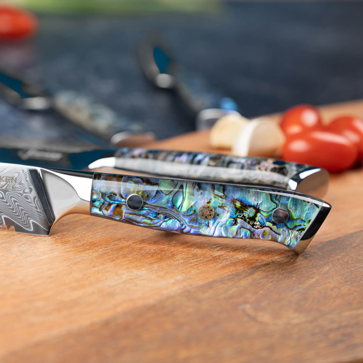 Abalone Shell Damascus Steak Knife Handle Close Up Senken Knives