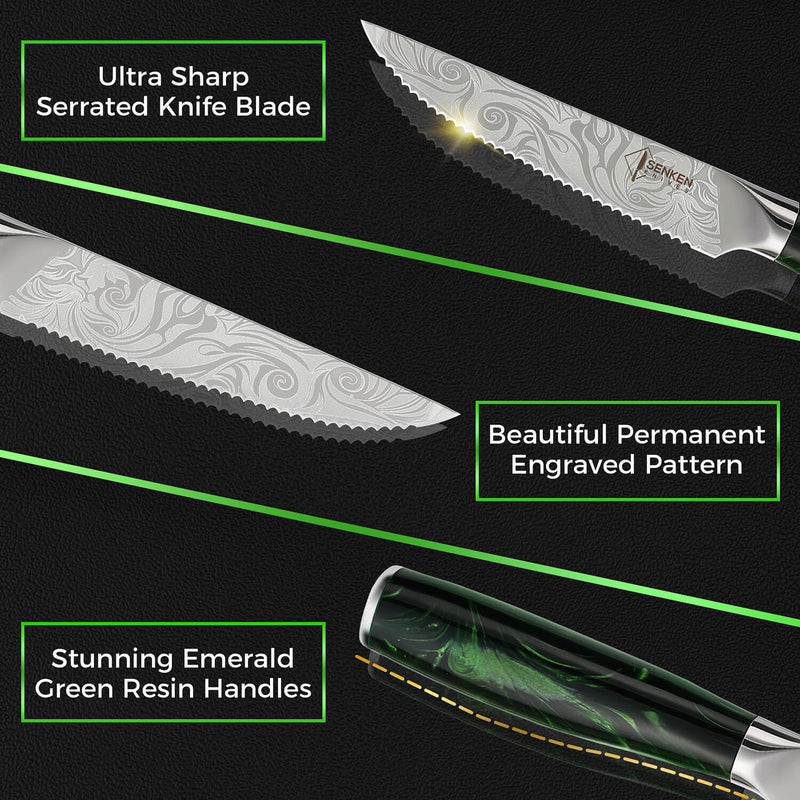 Wasabi Engraved Steak Knives Serrated Blade Emerald Green Handle