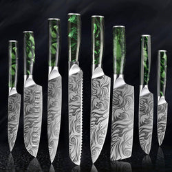 Wasabi 8-Piece Engraved Kitchen Knife Set Professional Chef Green Resin Handle