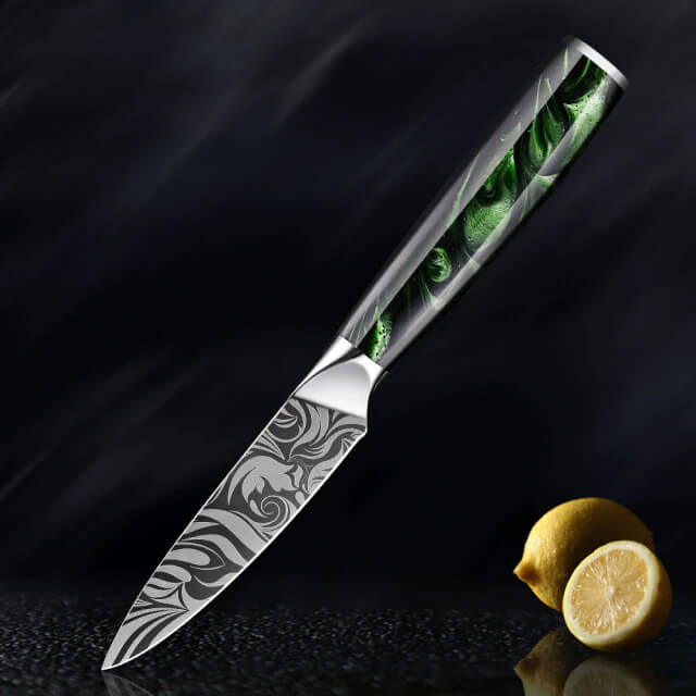 Beautiful Engraved Japanese Paring Knife Wasabi Senken Knives Green Resin Wood Handle