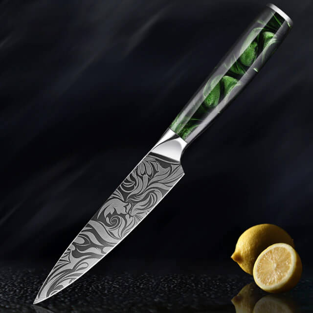 Beautiful Engraved Japanese Utility Knife Wasabi Senken Knives Green Resin Wood Handle