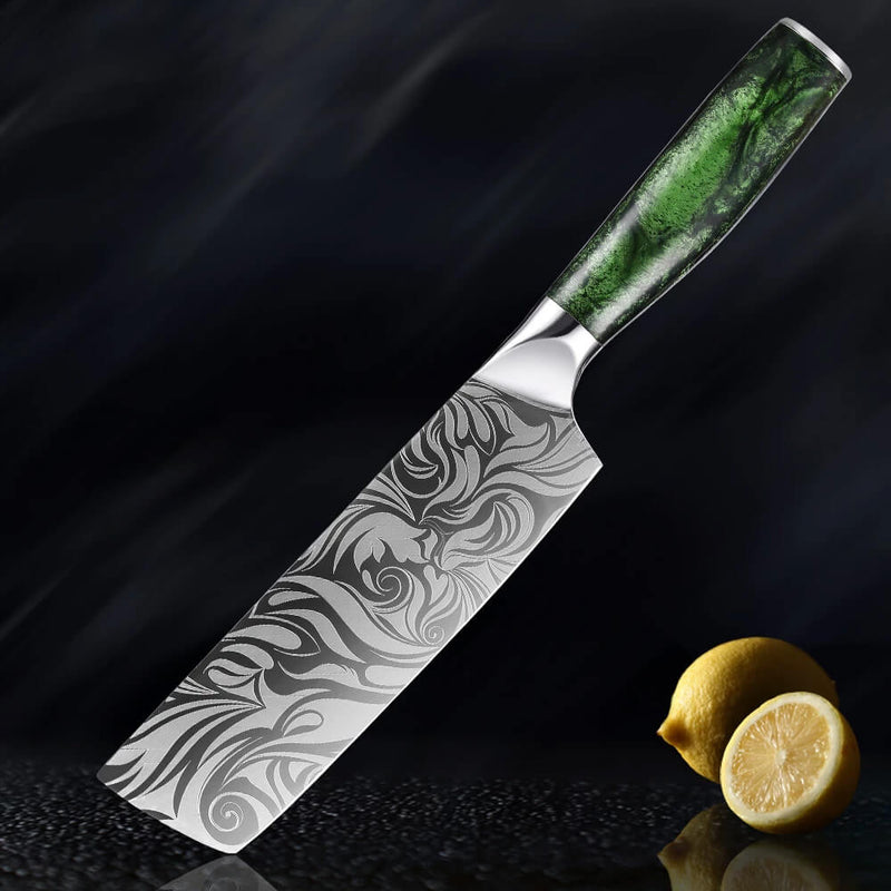 Beautiful Engraved Japanese Nakiri Cleaver Knife Wasabi Senken Knives Green Resin Wood Handle
