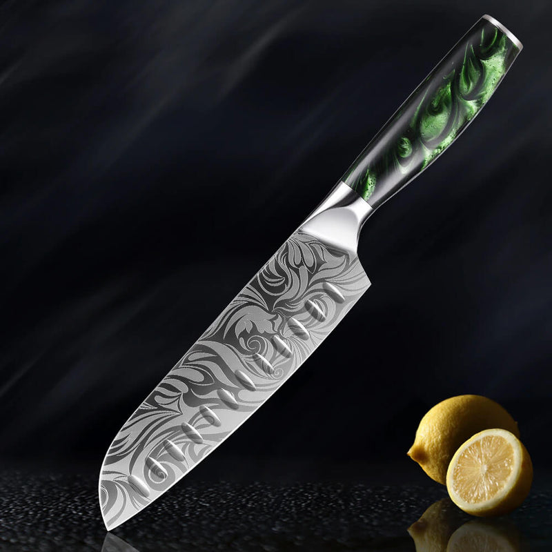 Beautiful Engraved Japanese 7 inch Santoku Knife Wasabi Senken Knives Green Resin Wood Handle