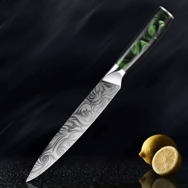 Beautiful Engraved Japanese Carving Knife Wasabi Senken Knives Green Resin Wood Handle