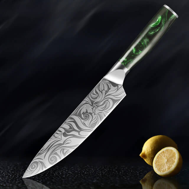 Beautiful Engraved Japanese Chef Gyuto Knife Wasabi Senken Knives Green Resin Wood Handle