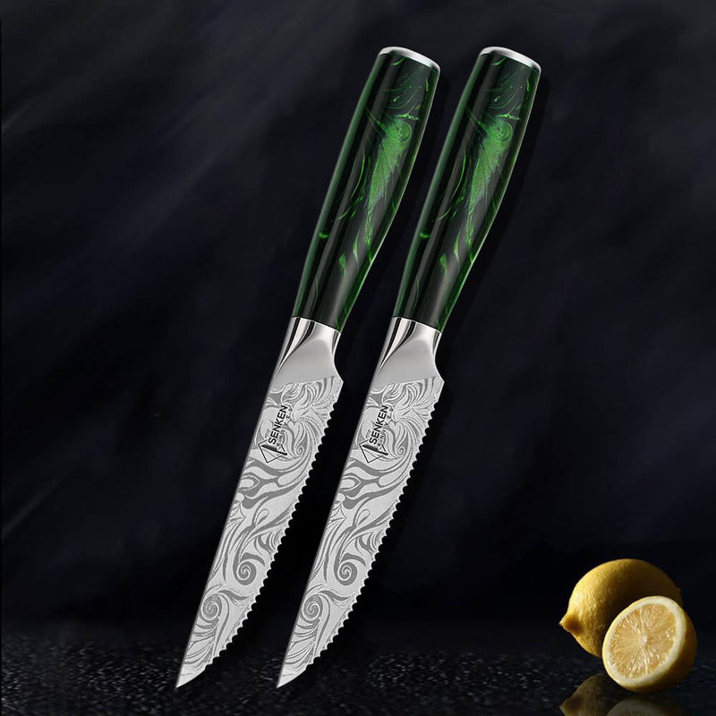  SENKEN Professional Steak Knife Set with Beautiful Engraved  Pattern - Wasabi Collection - Razor Sharp Serrated High Carbon Stainless  Steel & Emerald Green Resin Handle (Steak Knives Set of 6): Home